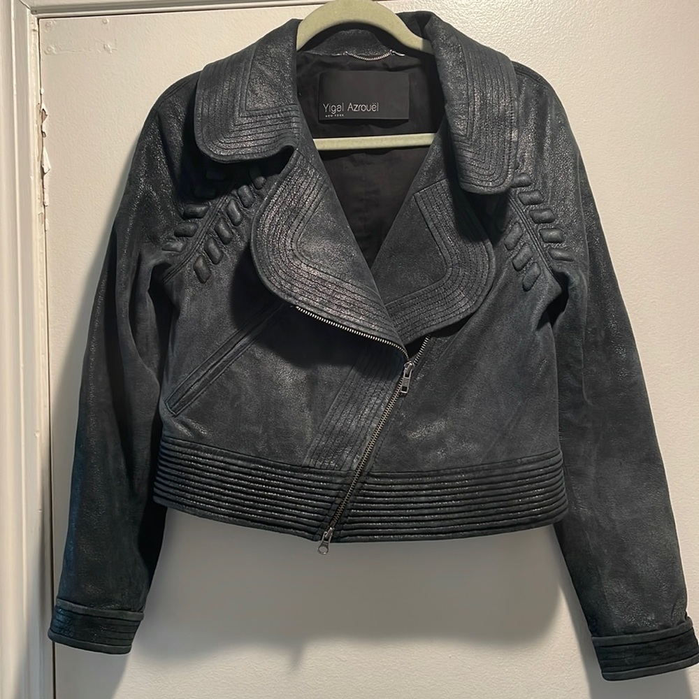 🥂HP🥂Yigal Azrouel Soft Navy Blue Leather Glistening Biker Jacket